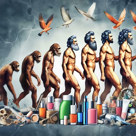 Surrealistic 3D rendering of a group of monkeys with different objectsの素材