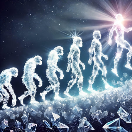 Silhouettes of people running on abstract background with stars and lightsの素材