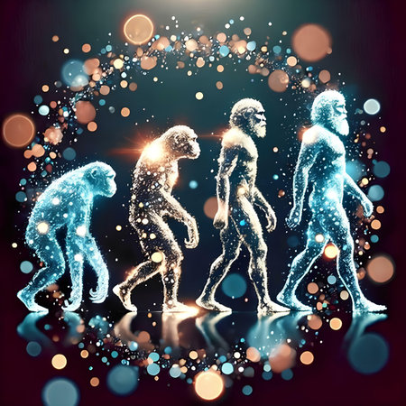 Group of monkeys with glowing lights on dark background. 3D renderingの素材