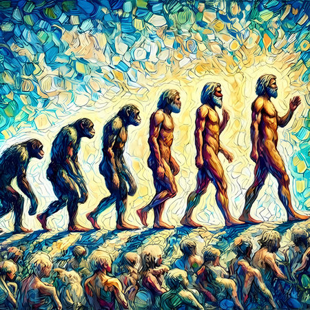 Surreal painting of a group of people running in the sea.の素材