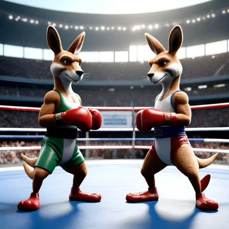 Two kangaroos fighting in boxing ring. 3D renderingの素材