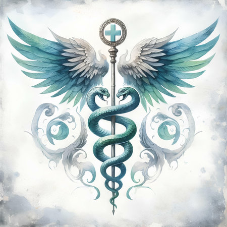Caduceus medical symbol with wings. Hand drawn illustration.の素材