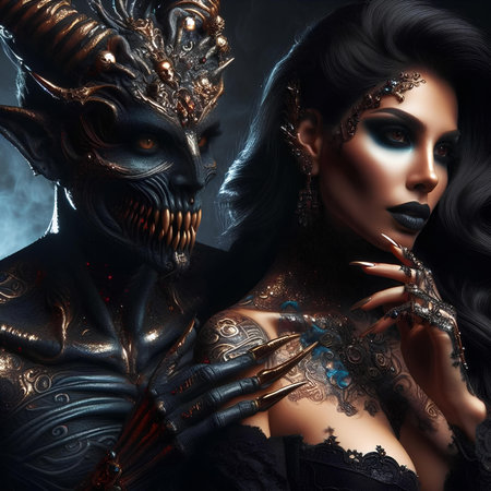 Portrait of a beautiful gothic woman with dark hair and fantasy makeup.の素材