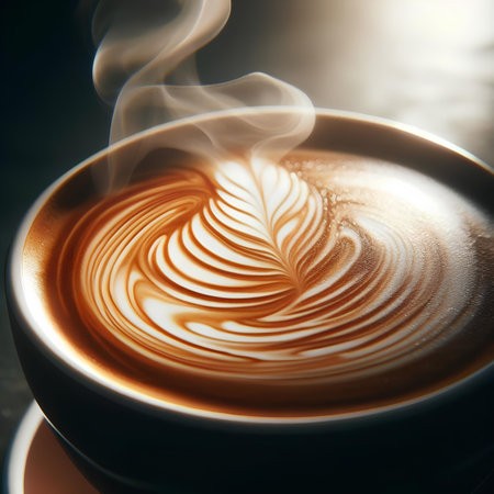 Cup of cappuccino with latte art on dark backgroundの素材