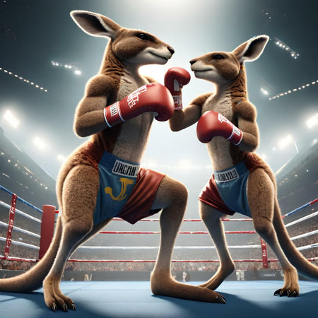 Kangaroos fighting in the ring. 3D rendering.の素材
