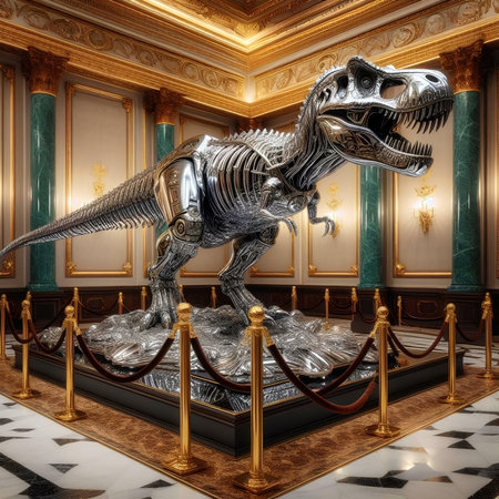 3D rendering of a metal dinosaur in the Royal Palace of Londonの素材