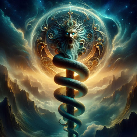 Fractal 3d illustration of an alien with a snake in the backgroundの素材