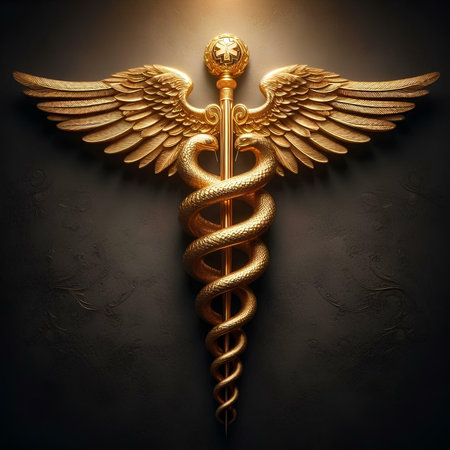 Golden caduceus with golden wings on dark background. 3D renderingの素材