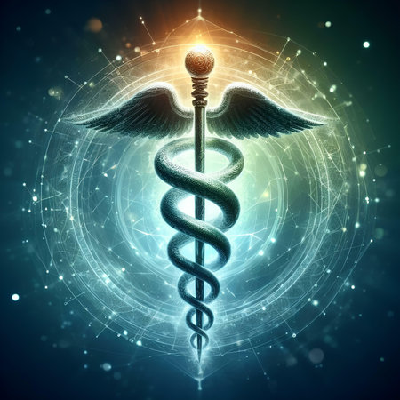 Digital caduceus medical symbol on futuristic background. 3D renderingの素材