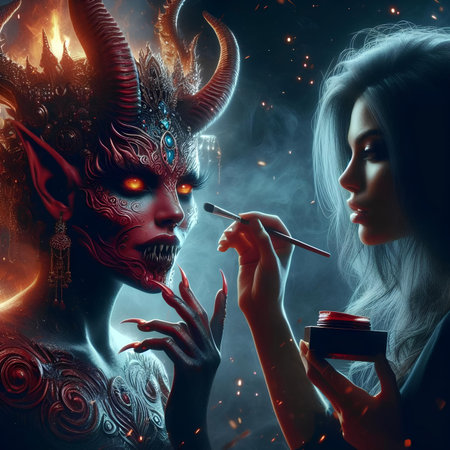 Beautiful girl in the image of a demon with makeup and smokeの素材