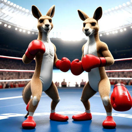 Kangaroos boxing in the ring at the arena. 3D renderingの素材