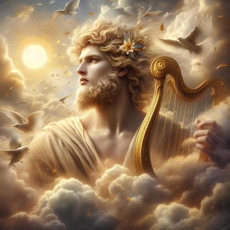 Angel with harp and wings in the sky. Fantasy illustration.の素材