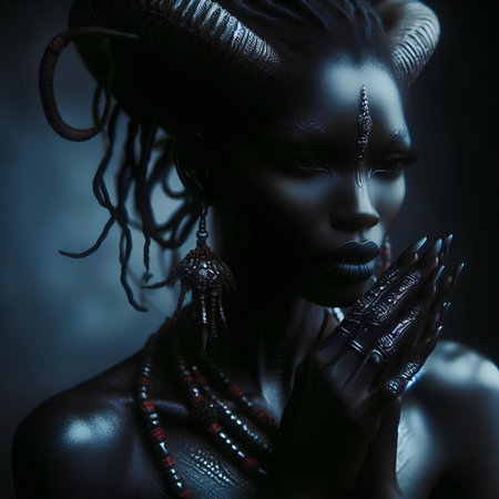 beautiful african woman with black skin and big horns on her headの素材