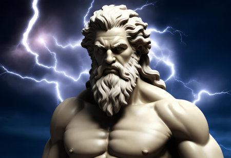 Statue of Zeus with lightning in the background - 3D illustrationの素材