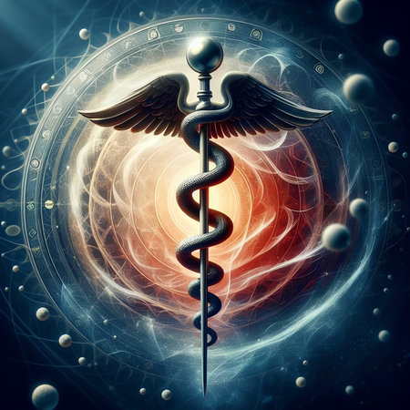 Caduceus medical symbol in space. 3d illustration.の素材