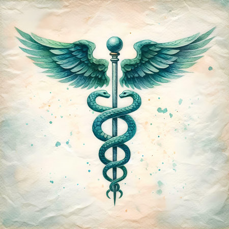 Symbol of Caduceus with wings on grunge background.の素材