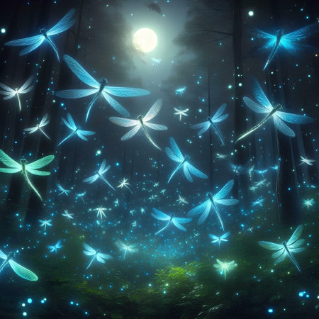 Fantasy forest with dragonflies on the background of the full moonの素材