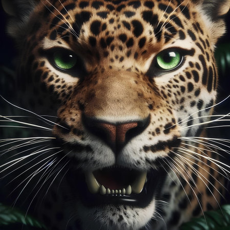 Leopard portrait with green eyes and fangs in the jungle.の素材