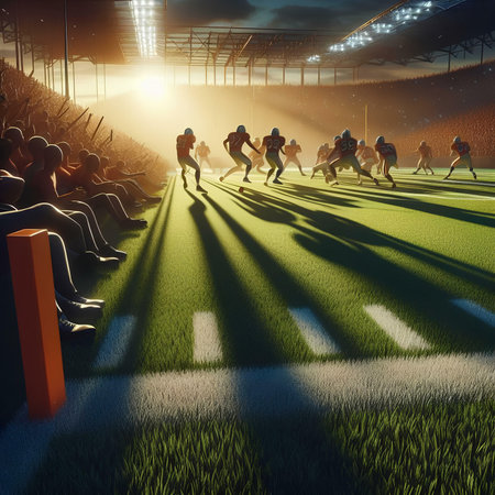 Rugby players in the stadium at night. 3D renderingの素材