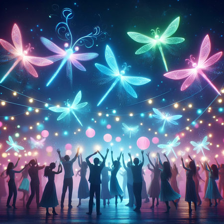 Dancing people at night club with colorful lights. Celebration concept.の素材