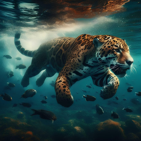 Jaguar swims in the ocean. 3d illustration.の素材