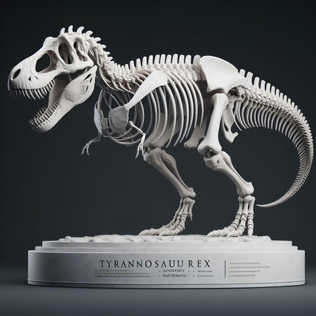 Tyrannosaurus Rex skeleton on gray background. 3d illustrationの素材