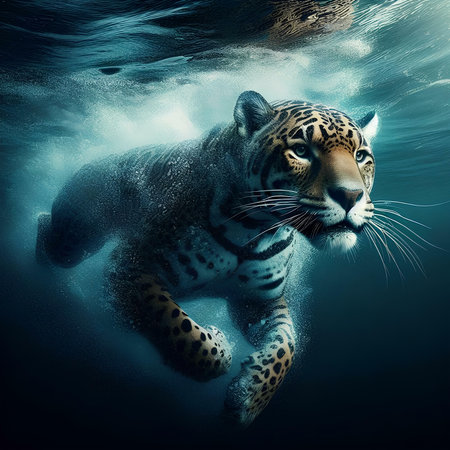 3D rendering of a big cat leopard swimming in the oceanの素材