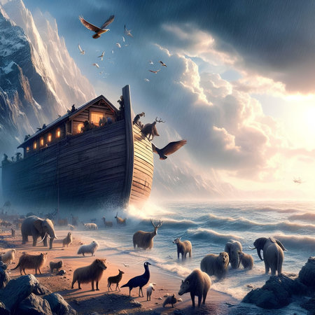 Fantasy landscape with old wooden ship, flock of sheep and birdsの素材