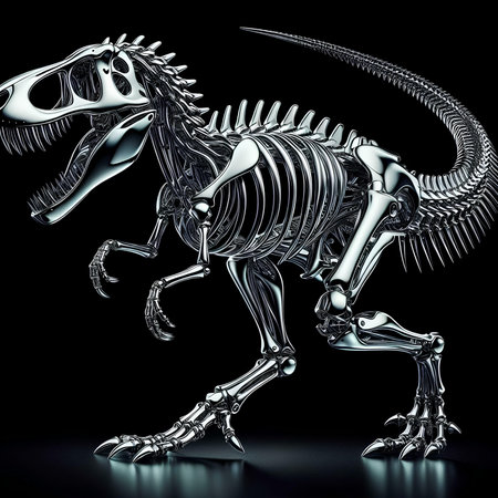 3D render of a dinosaur skeleton isolated on a black background.の素材