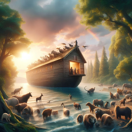 Wooden ship in the river with sheep and birds. 3d renderの素材