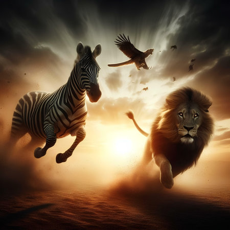 Zebra and lion jumping in the desert at sunset. Mixed mediaの素材
