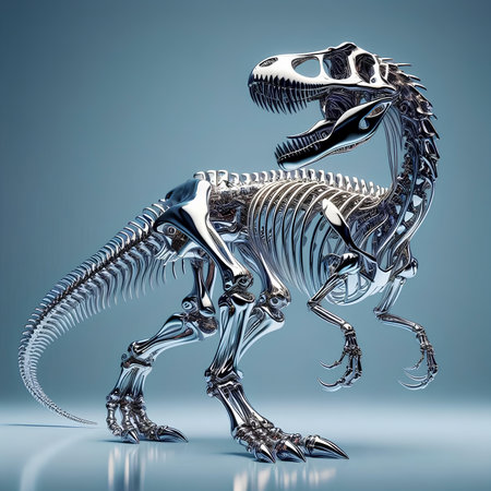 3d render of a dinosaur skeleton isolated on blue background with reflectionの素材