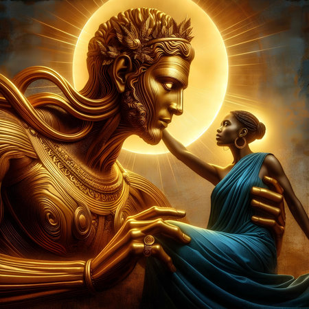 Statue of a woman and a man in front of a full moonの素材