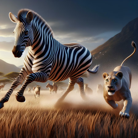 Zebra and lion running in the grassland. 3d renderの素材
