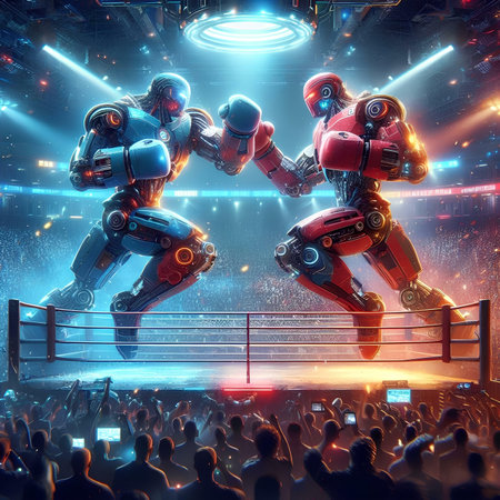 Two cyborgs fighting in a boxing ring. 3D renderingの素材