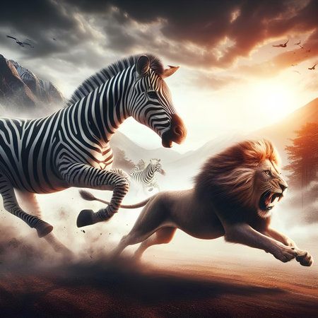 Lion and zebra running in the sky at sunset. Mixed mediaの素材