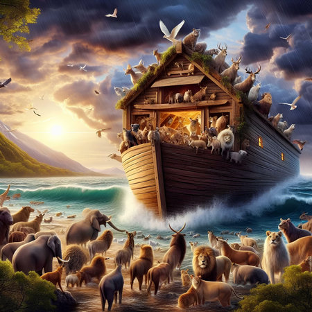 Fantasy landscape with a wooden boat and a herd of wild animalsの素材