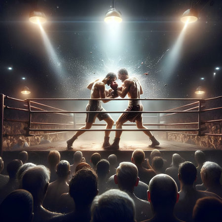 Two professional boxers sparring in the ring at night. Mixed mediaの素材