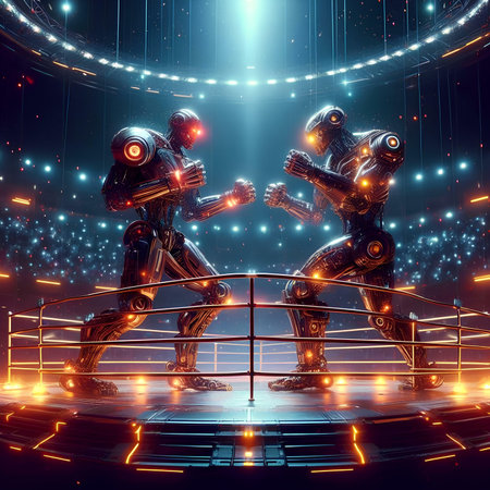 Two cyborgs fighting in a futuristic space. 3D renderingの素材