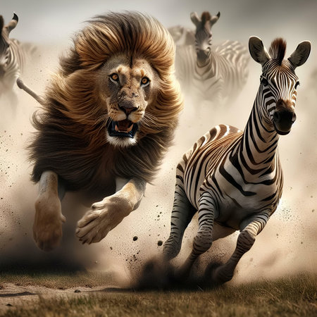 zebra and lion jumping in a dust storm - 3d renderの素材
