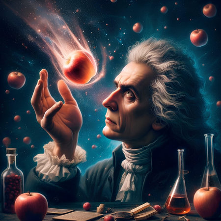 Funny old woman with apple in her hands on a dark backgroundの素材