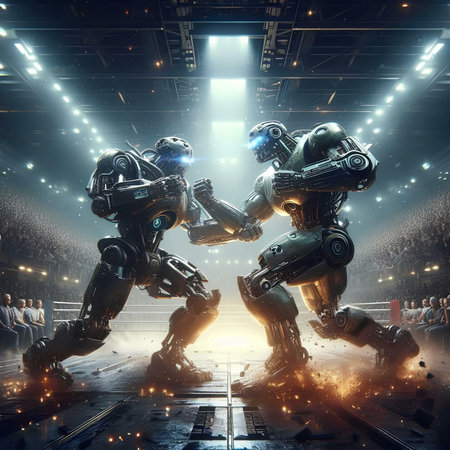 Two robots fighting on the background of the stadium. 3d rendering.の素材