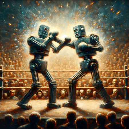 Two robots fighting in the movie theater. 3D rendering illustration.の素材