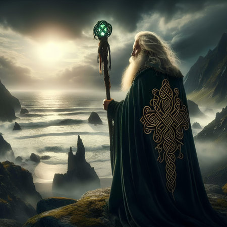 Mysterious old man with a watch on his head. Fantasy landscape.の素材