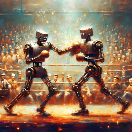 Two robots fighting with sparks on a dark background. Futuristic conceptの素材