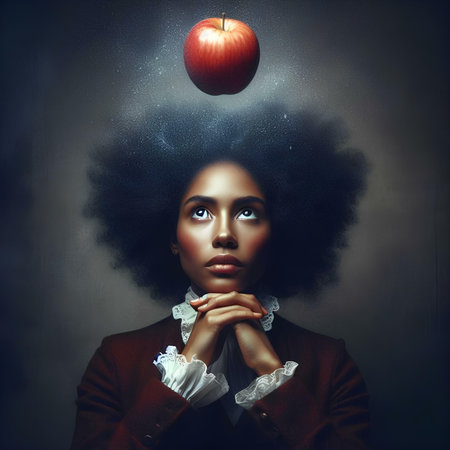 Fashion portrait of young beautiful African American woman with apple.の素材