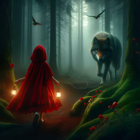 Dark forest with a wolf in a red cloak. Halloween. 3D renderingの素材