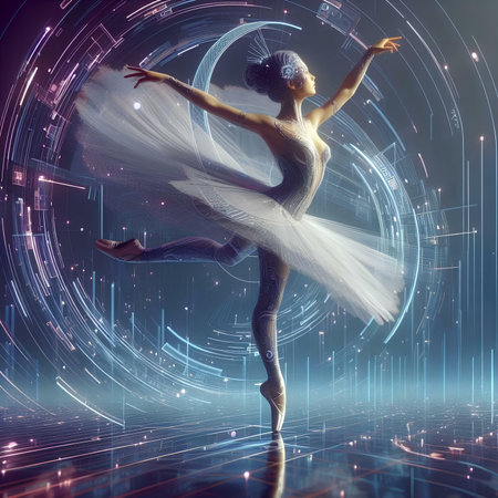 Beautiful young ballerina in a white tutu dancing on a futuristic background.の素材