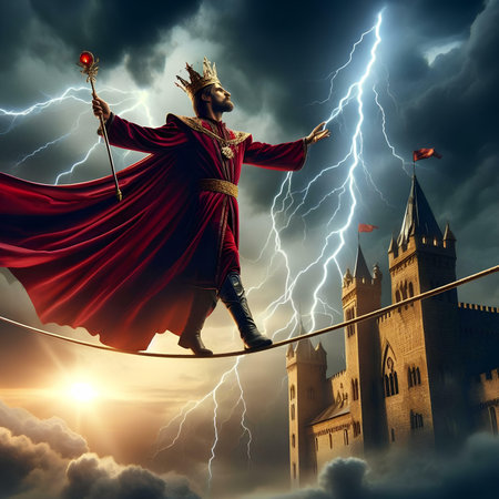 King with red cape and crown balancing on rope on background of castleの素材