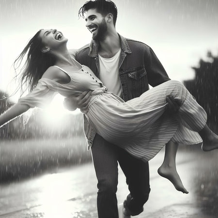 Young couple in love dancing under the rain. Black and white photo.の素材